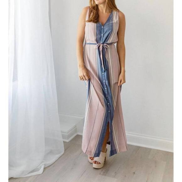 NWT Splendid Womens Multi Kayla Modern Button Up Maxi Dress Patina Stripe Size S - Picture 1 of 14